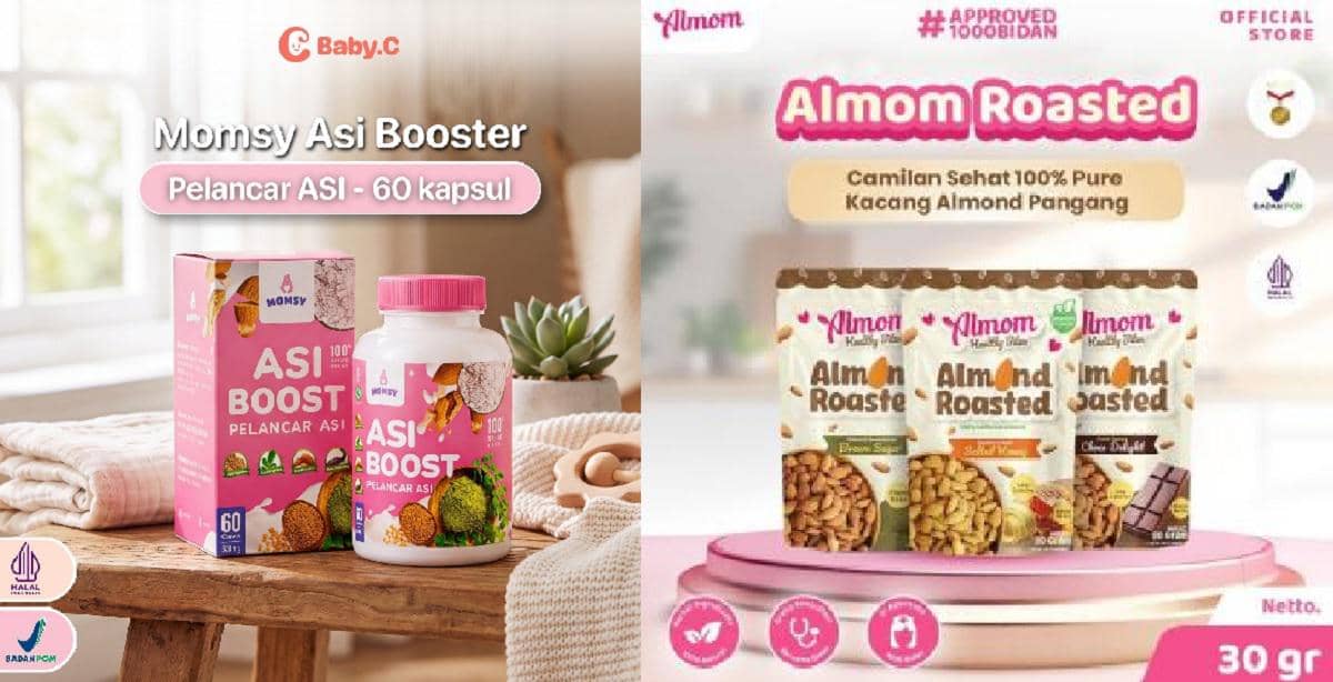 Ilustrasi produk ASI booster serta camilan almond sehat untuk ibu menyusui yang tersedia di Shopee dan Lazada.