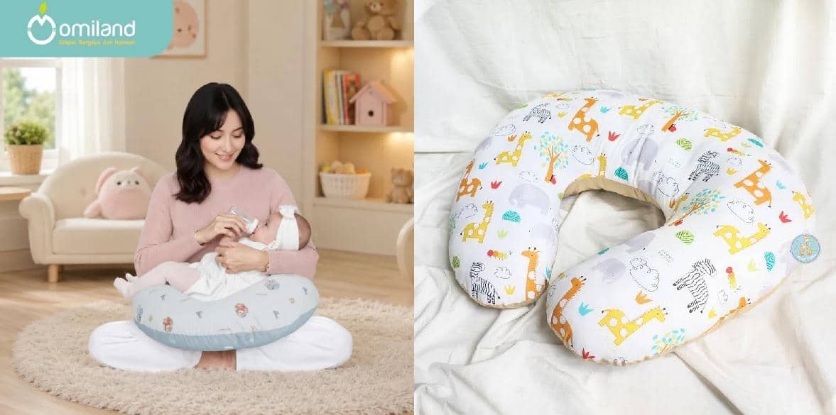 Ilustrasi bantal menyusui sebagai perlengkapan untuk membantu menopang bayi selama proses menyusui.