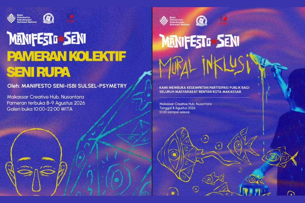 Poster pameran "Manifesto Seni 2026" yang berlangsung di Makassar pada 8-9 Agustus 2026.