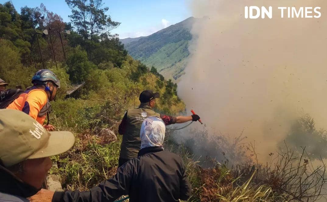 Petugas melakukan penanganan kebakaran hutan dan lahan di kawasan Gunung Bromo untuk mengendalikan api.