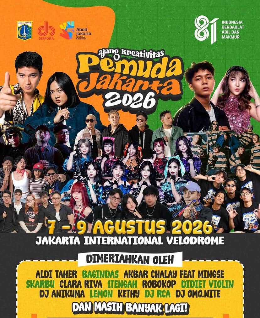 Poster pertunjukan musik gratis yang dijadwalkan berlangsung pada 8 hingga 9 Agustus 2026 dari Dispora DKI Jakarta.
