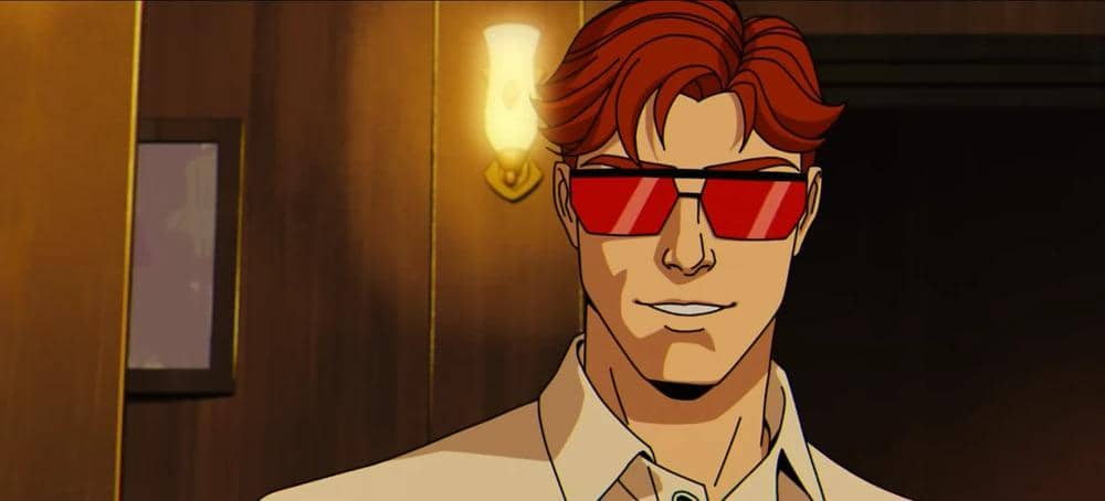 Karakter Cyclops dari serial animasi X-Men '97 produksi Marvel Animation, dengan visor khas berwarna merah.