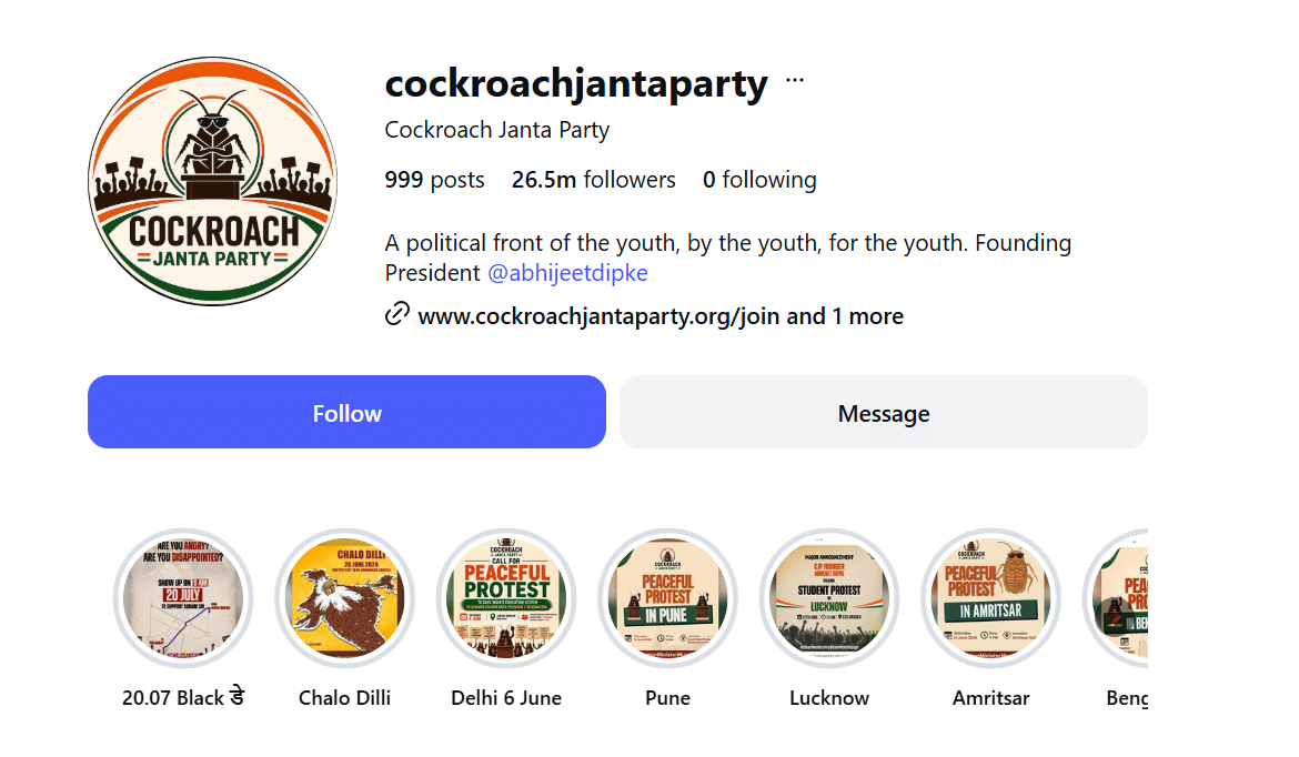 Akun media sosial Instagram resmi gerakan Cockroach Janta Party.