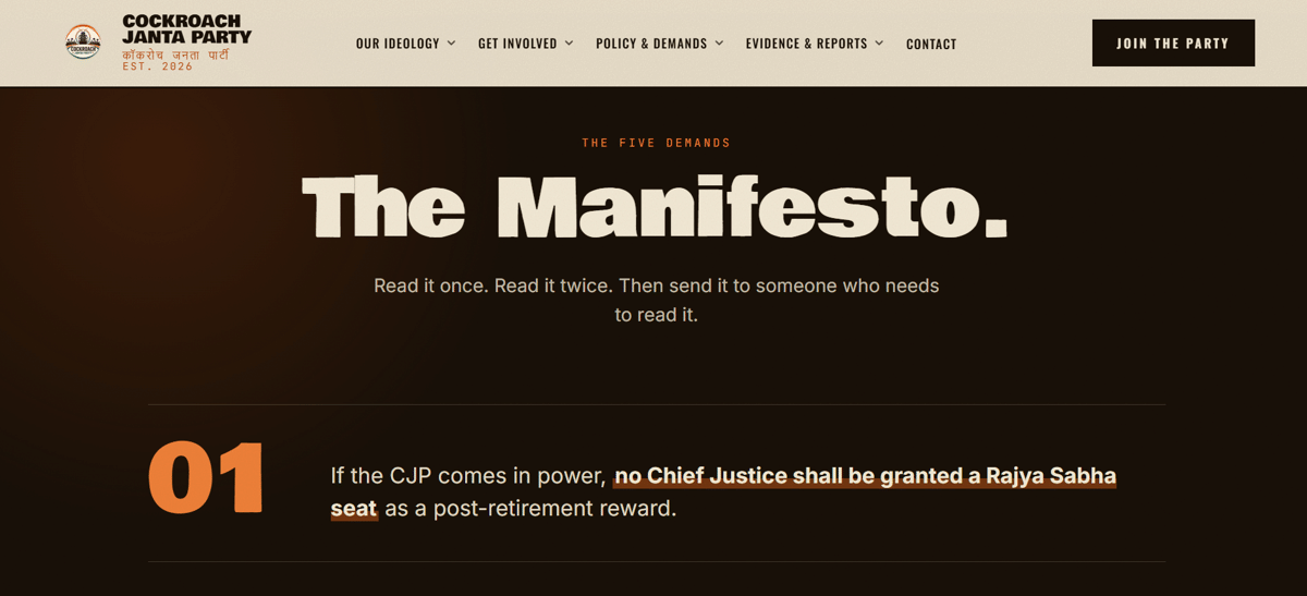 Tangkapan layar manifesto yang tercantum di situs resmi milik gerakan Cockroach Janta Party.