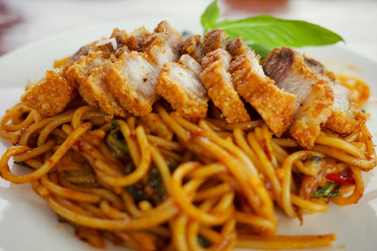 Ilustrasi glazed pork belly udon dengan potongan perut babi bersaus glaze yang disajikan bersama mi udon.