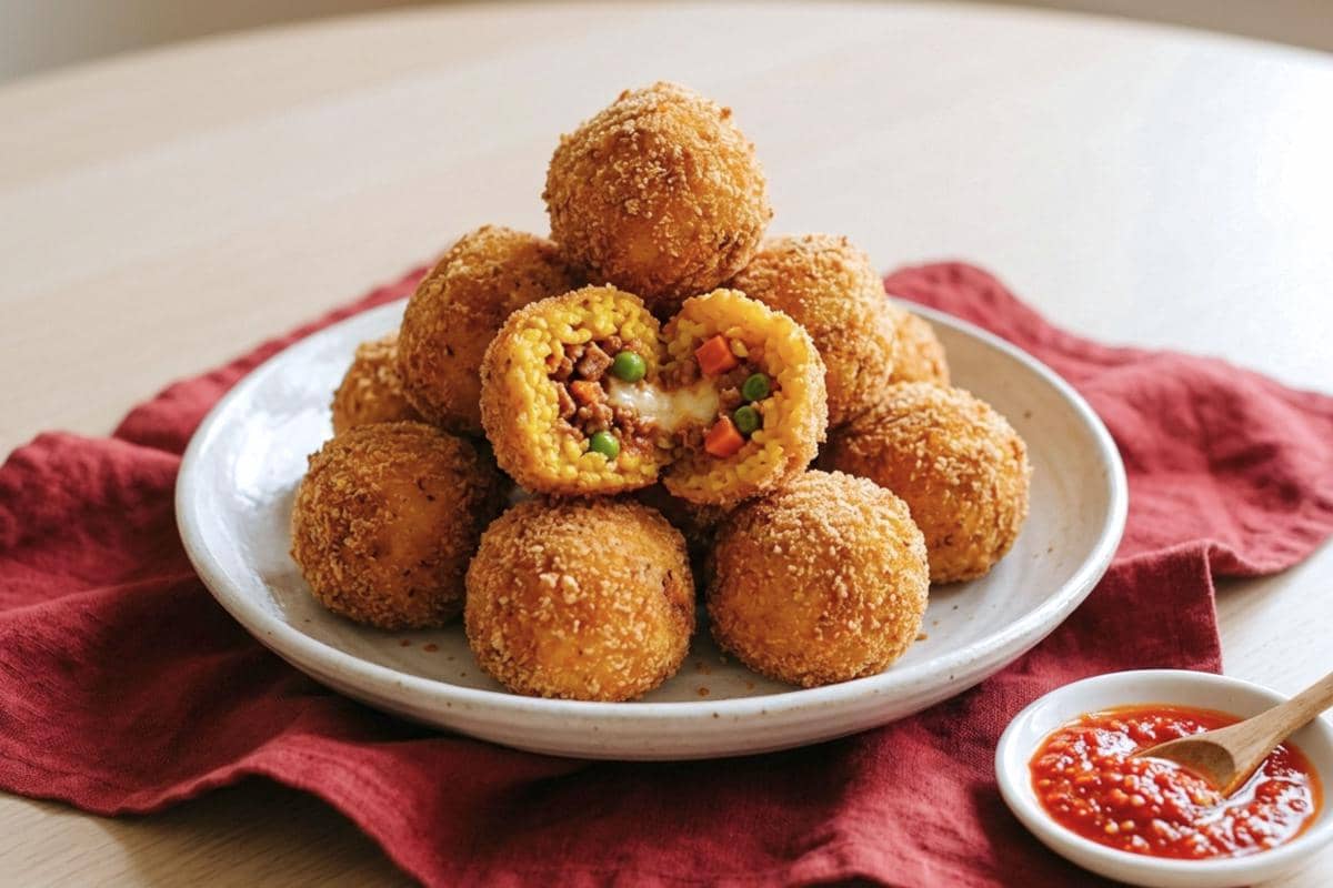 Beberapa bola arancini berlapis tepung roti tersusun di atas piring, menggambarkan camilan nasi Italia dengan aneka isian.