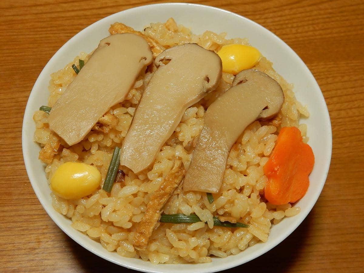 Ilustrasi semangkuk takikomi gohan, hidangan nasi Jepang berbumbu dengan campuran bahan pelengkap, tersaji dalam mangkuk.