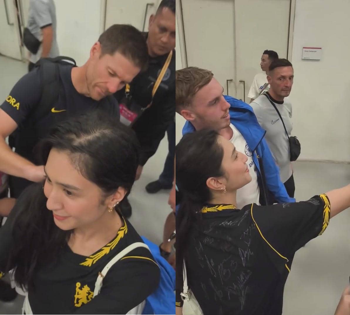 Seorang artis berpose bersama sejumlah pemain AC Milan dan Chelsea dalam momen pertemuan di Jakarta, diunggah di Instagram.