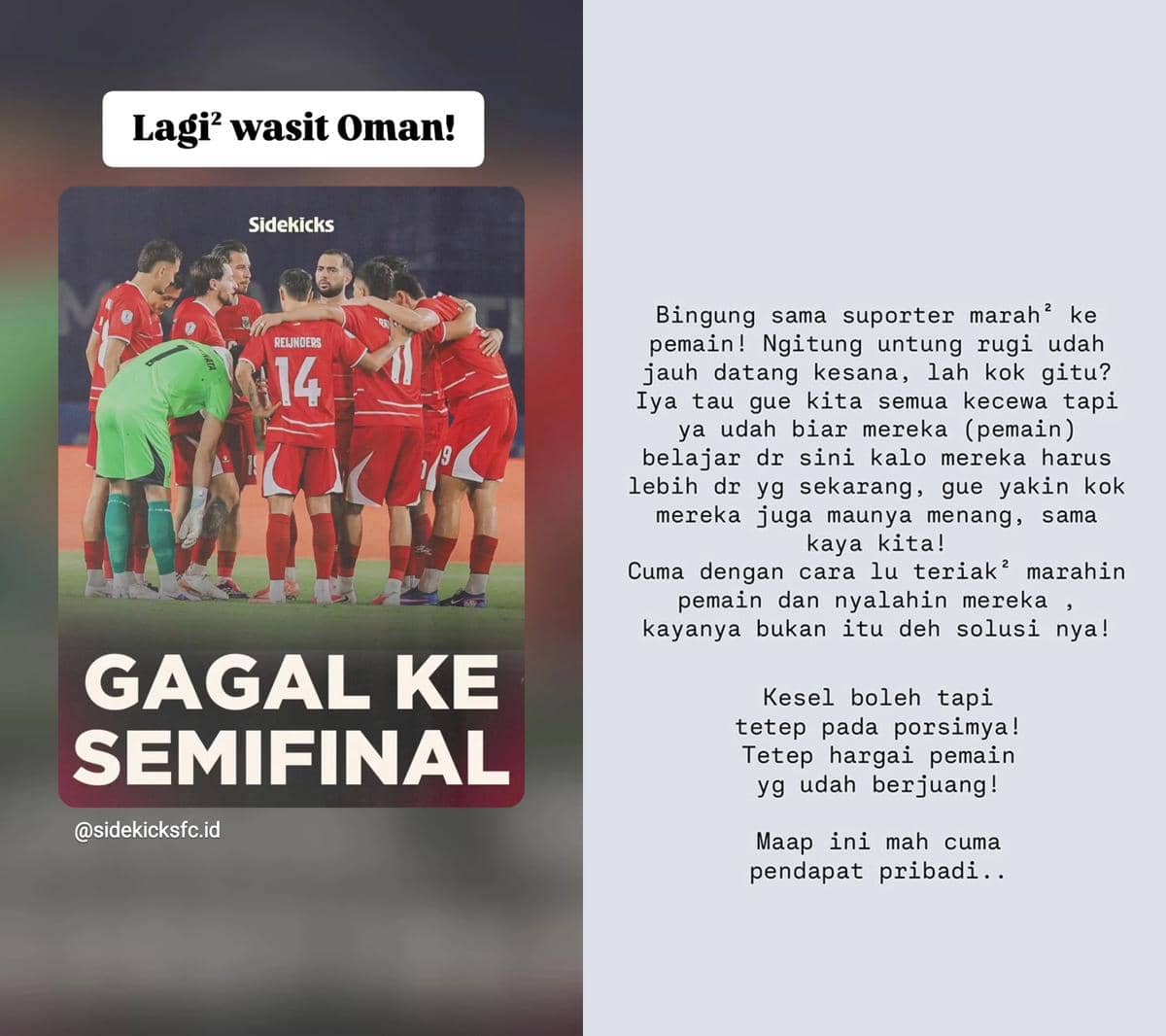 Unggahan Instagram akun Angga Ggok berisi reaksi artis atas kegagalan terkini timnas di Piala AFF 2026.