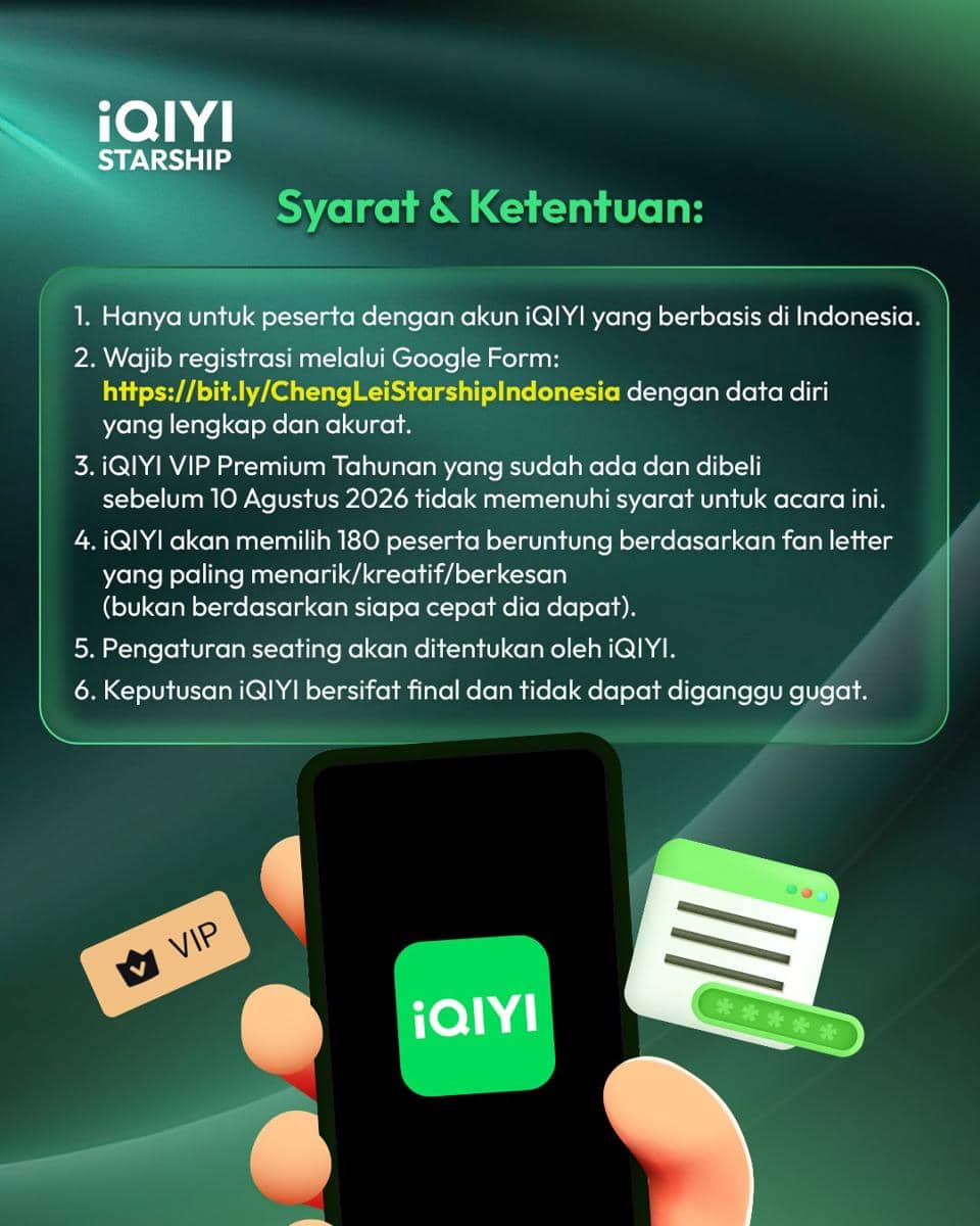 Poster syarat dan ketentuan meet and greet Cheng Lei di Jakarta yang diunggah oleh iQIYI Indonesia.