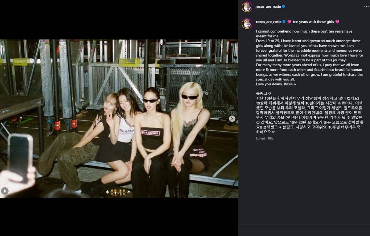 Tangkapan layar unggahan Instagram Rose berisi pesan anggota BLACKPINK untuk ulang tahun debut ke-10.