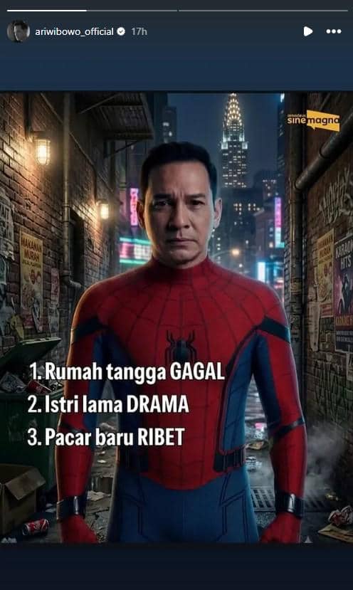Ari Wibowo, artis Indonesia, merayakan euforia film Spider-Man: Brand New Day melalui unggahan Instagram.