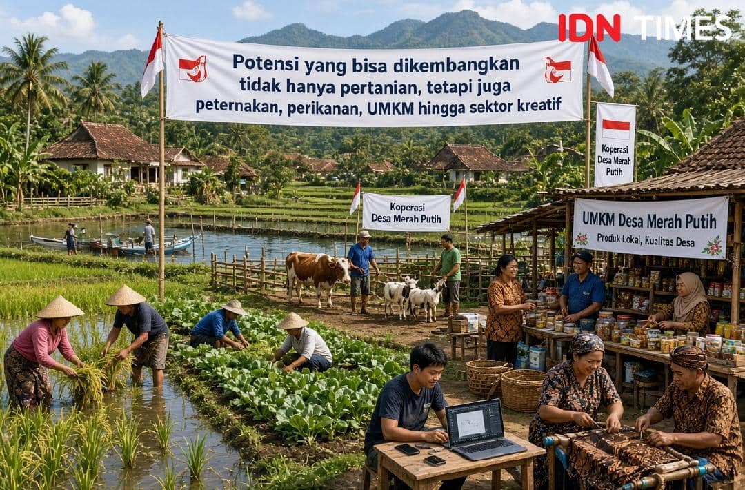 Ilustrasi potensi KDMP yang dapat dikembangkan melalui pertanian, peternakan, perikanan, UMKM, dan sektor kreatif.