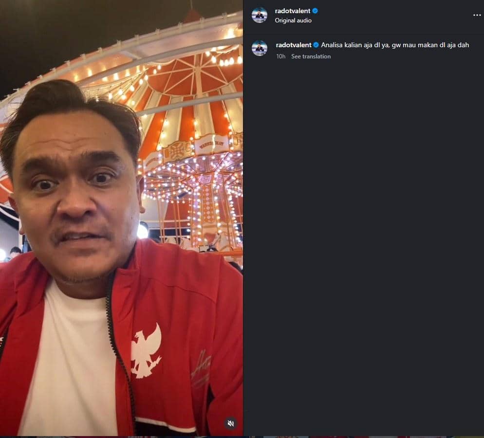 Unggahan Instagram Radot Valent berisi reaksi artis atas kegagalan Timnas Indonesia di Piala AFF 2026.