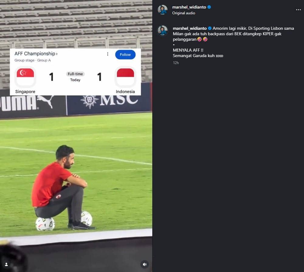 Unggahan Instagram Marshel Widianto terkait reaksi artis atas kegagalan Timnas Indonesia di Piala AFF 2026.