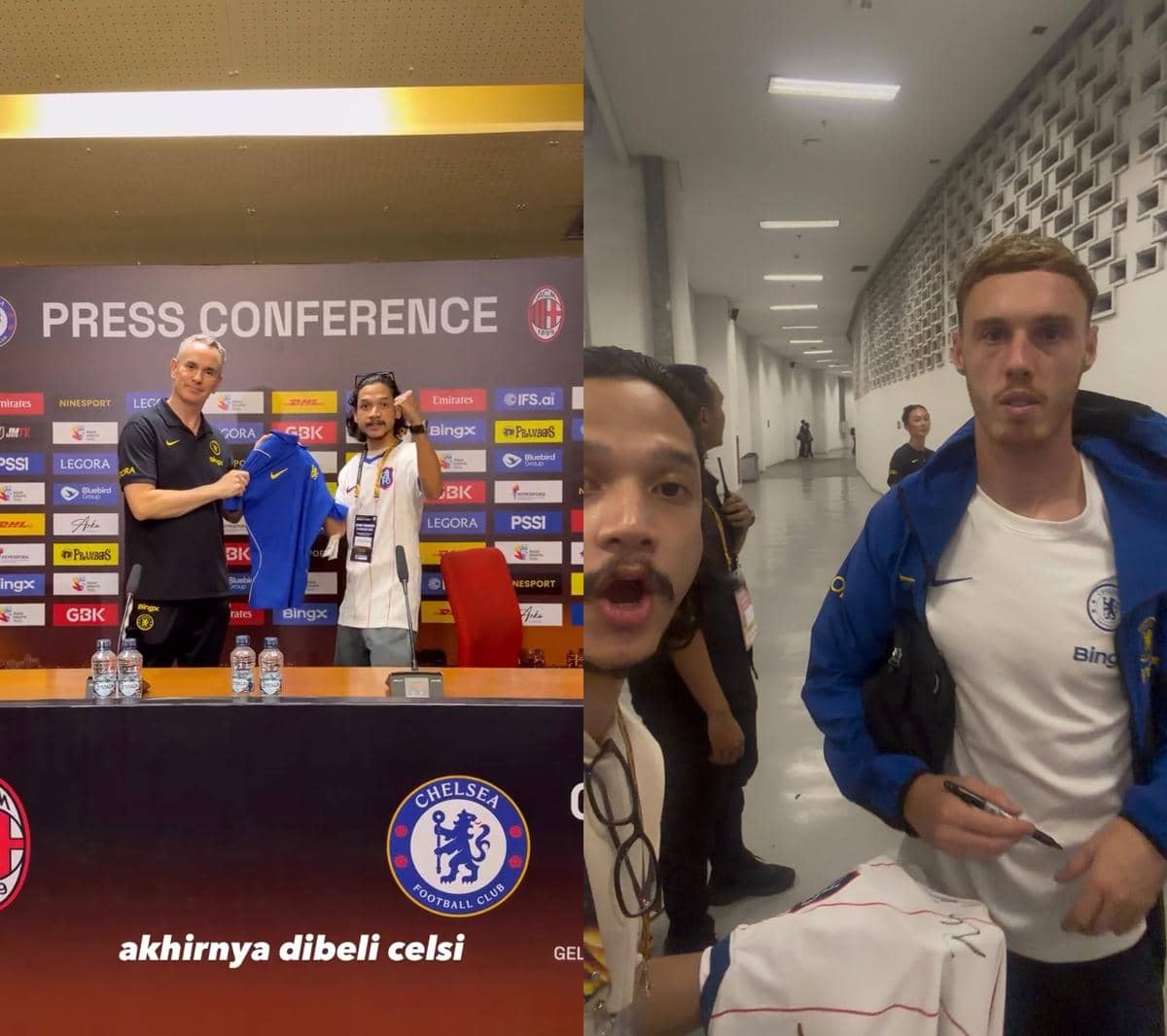 Seorang artis berpose bersama pemain AC Milan dan Chelsea saat bertemu dalam sebuah acara sepak bola di Jakarta.