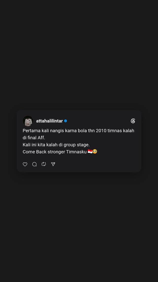Unggahan Atta Halilintar berisi reaksi atas kegagalan Timnas Indonesia di Piala AFF 2026 melalui Threads.