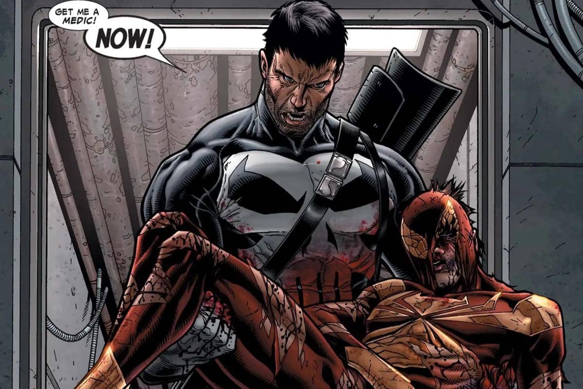Punisher menggendong Spider-Man di Civil War (2006) #5