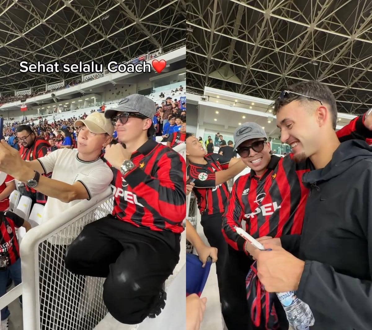 Seorang pria mengenakan jersey AC Milan berpose di area stadion GBK sebagai suporter klub sepak bola Italia.