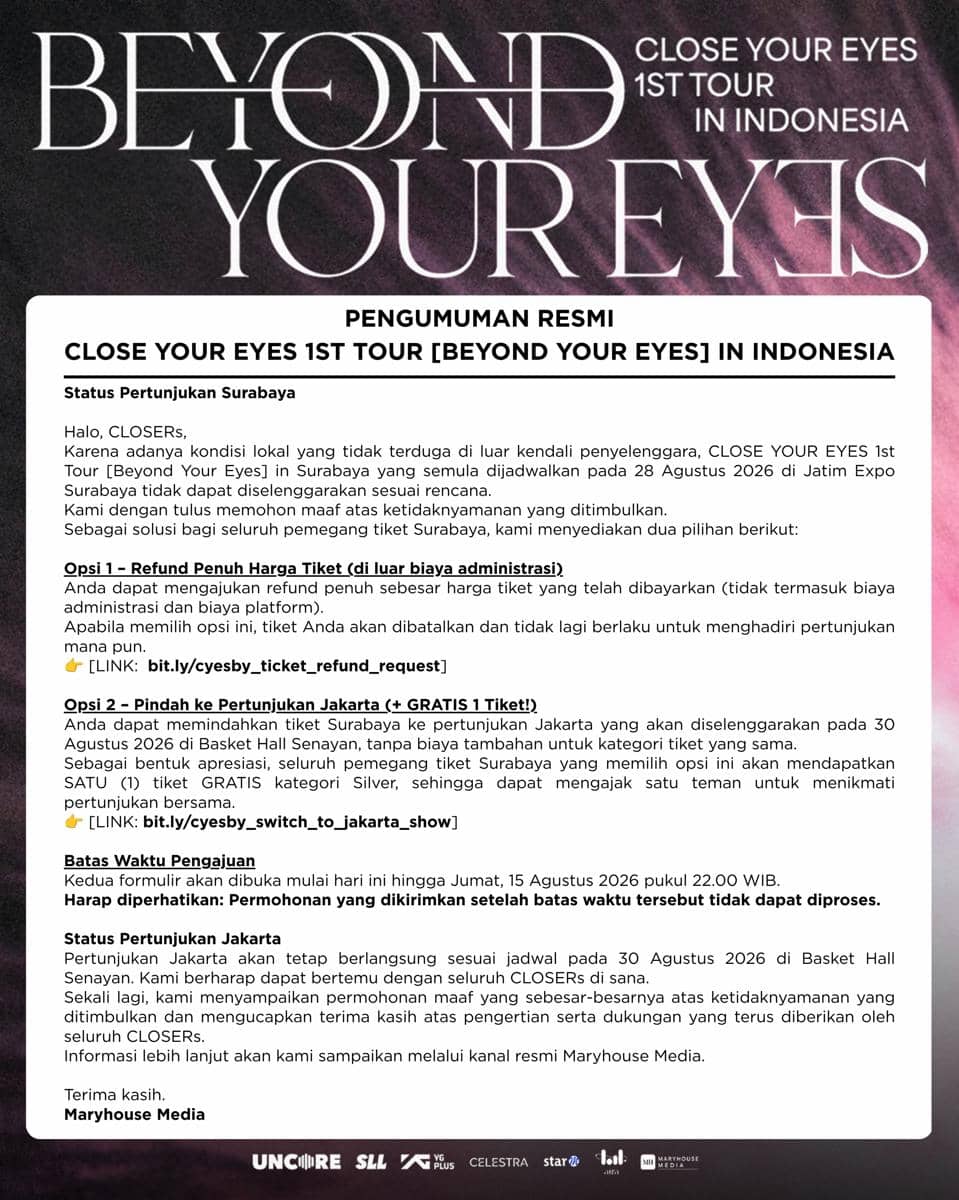 konser CLOSE YOUR EYES di Surabaya dibatalkan 