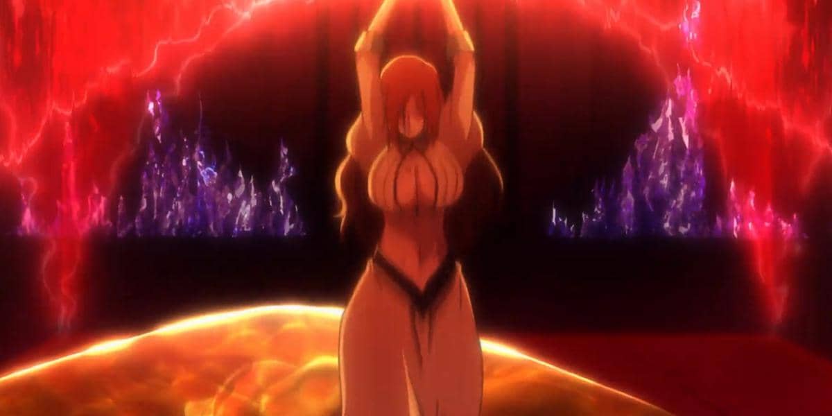 Orihime menahan serangan Yhwach dalam adegan anime Bleach TYBW Part 4, dengan perisai pelindung di hadapannya.