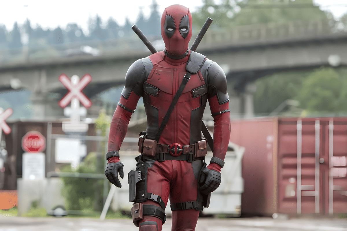 Karakter Deadpool berdiri di tengah jalan