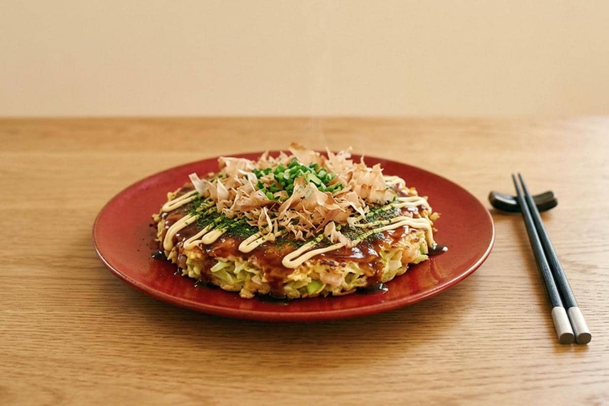 Ilustrasi okonomiyaki, pancake gurih khas Jepang, disajikan di atas piring dengan aneka topping yang lezat.