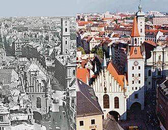 potret pemandangan Kota Munich, Jerman setelah PD II di tahun 1945 (kiri) dan setelah direstorasi di tahun 1989 (kanan)