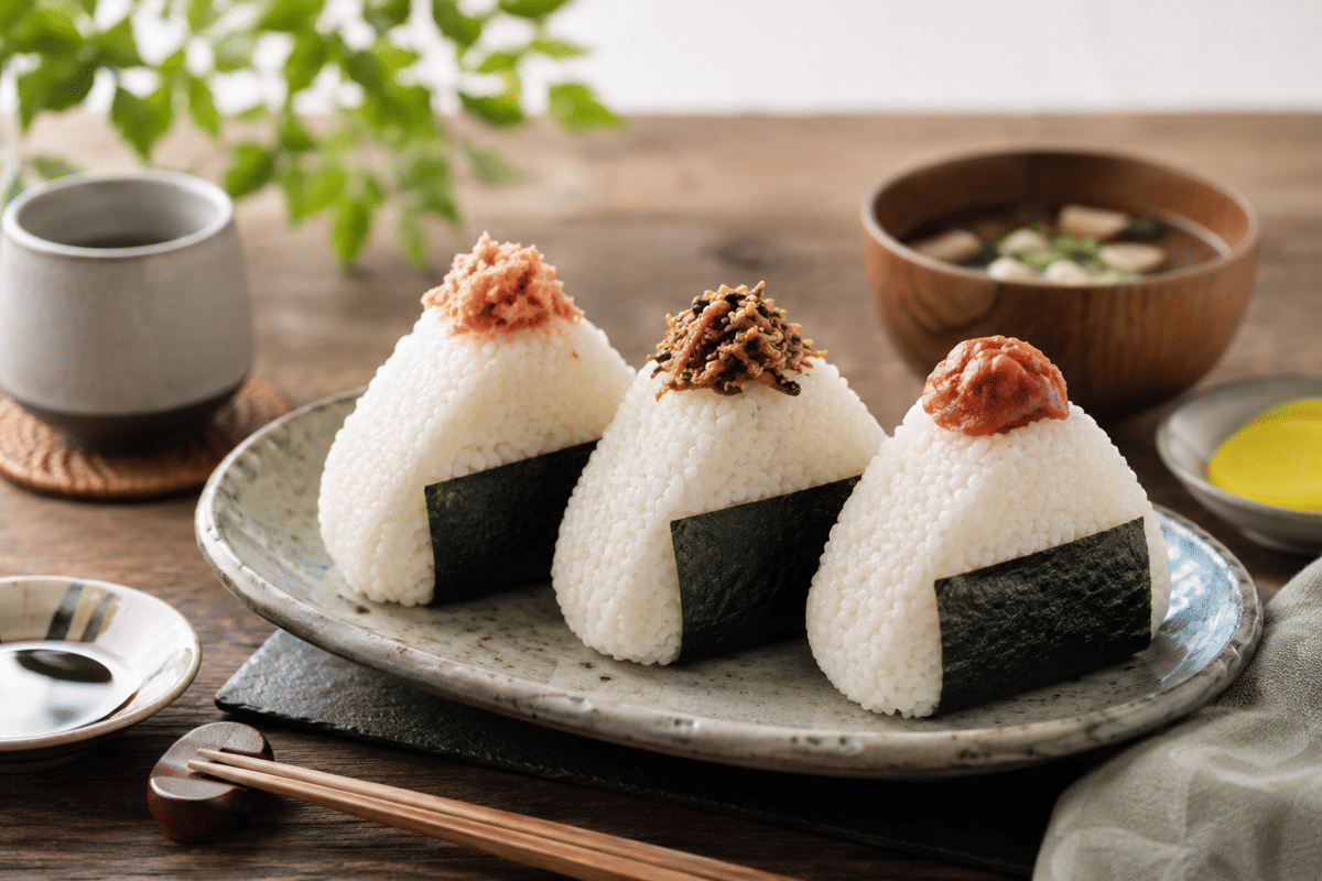 Ilustrasi onigiri, nasi kepal Jepang berbentuk segitiga yang dibalut rumput laut nori, dibuat secara digital.