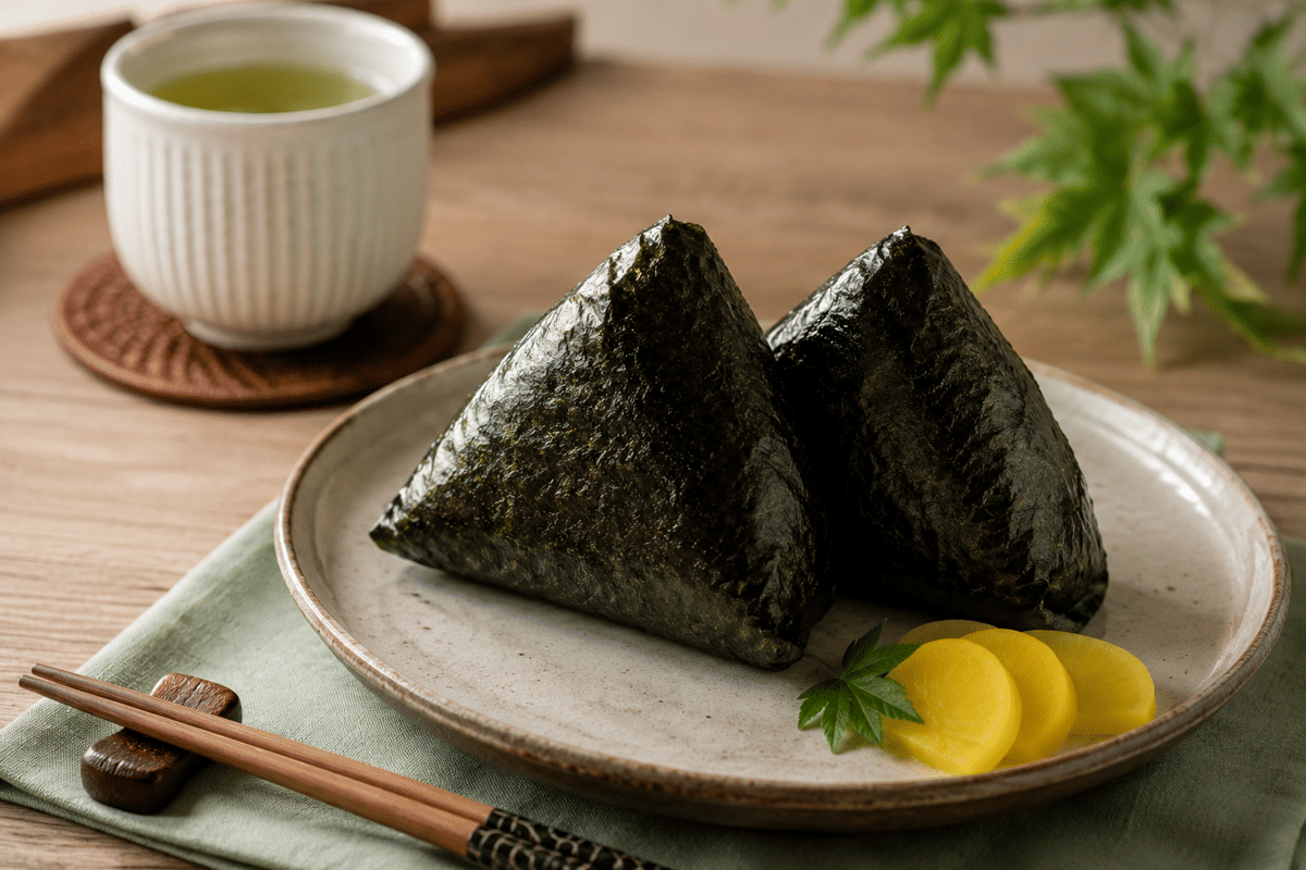 Ilustrasi onigiri berbentuk segitiga dengan nasi putih dan lembaran nori, makanan khas Jepang yang praktis disantap.