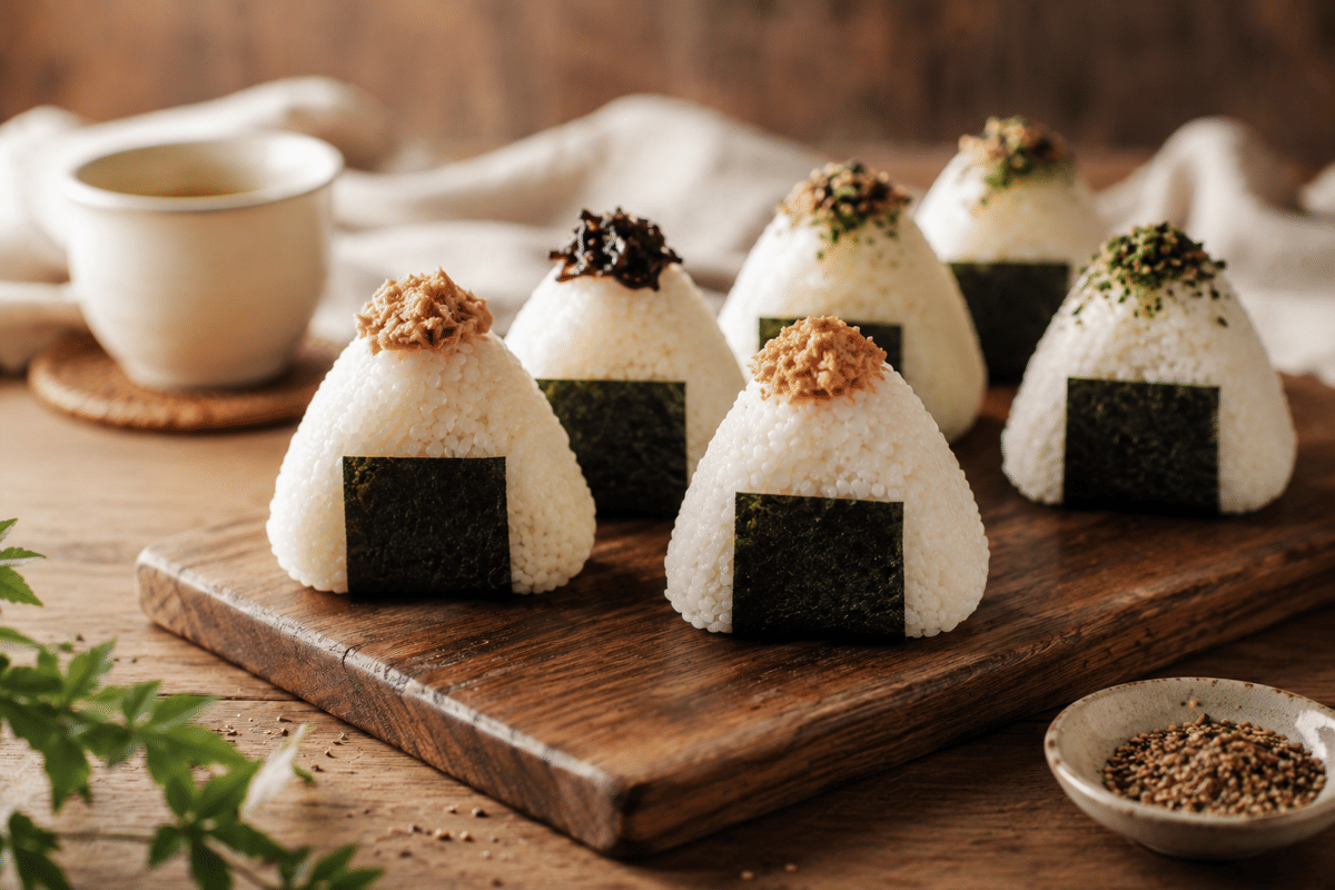 Ilustrasi tiga onigiri nasi berbentuk segitiga dengan lembaran nori, tersusun di atas piring putih berlatar krem.