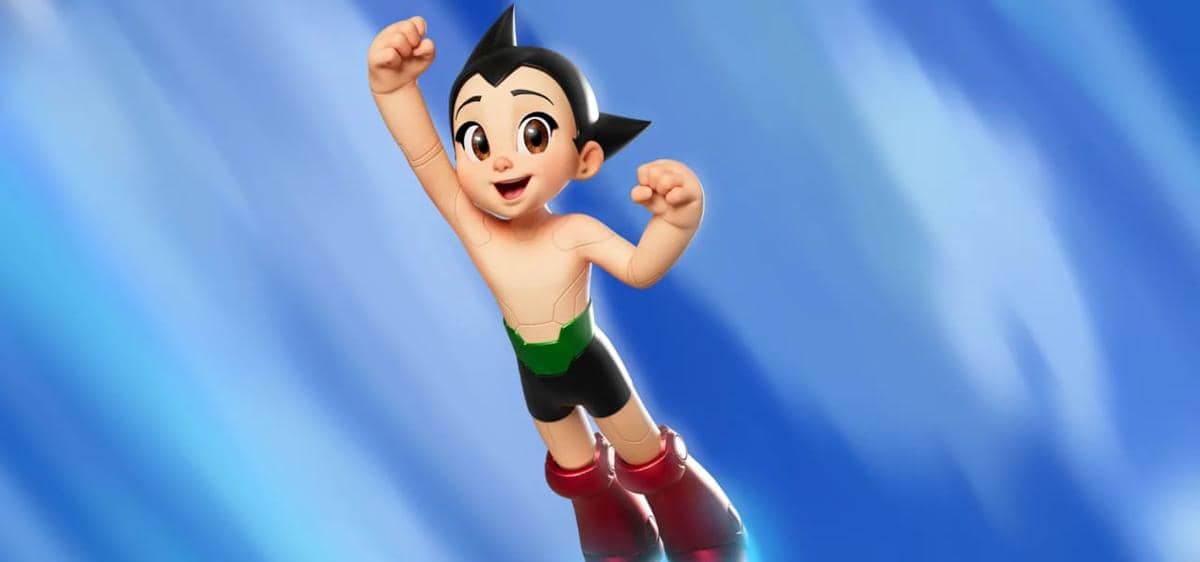 Karakter Astro Boy dalam cuplikan adegan serial anime dengan gaya ilustrasi animasi khas produksi Tezuka Productions.