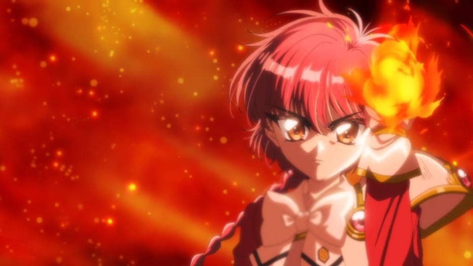 Cuplikan anime Magic Knight Rayearth menampilkan tiga tokoh perempuan berseragam sekolah dengan latar langit biru.