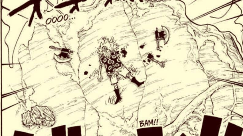 Scopper Gaban tampak tumbang dengan tubuh terbaring di tanah dalam ilustrasi dari serial One Piece.