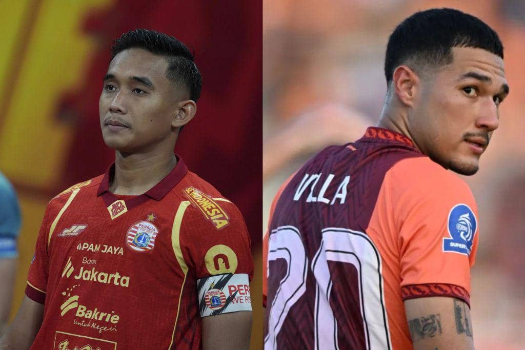 Pemain Persija Jakarta, Rizky Ridho, dan pemain Borneo FC Samarinda, Juan Felipe Villa.