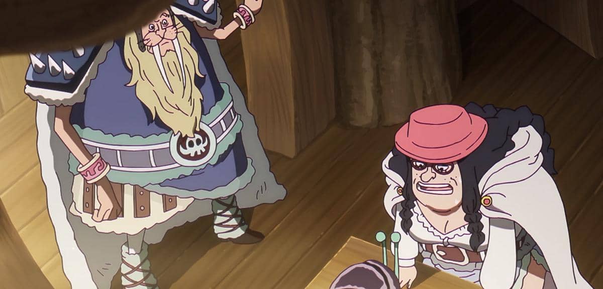 Ange menyampaikan laporan tentang situasi sekolah kepada desa dalam adegan anime One Piece produksi Toei.