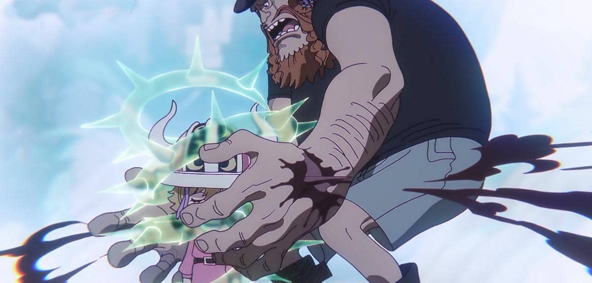 Saul tampak tertusuk duri Sommers dalam adegan One Piece dari Toei Animation, sesuai dokumentasi resmi.