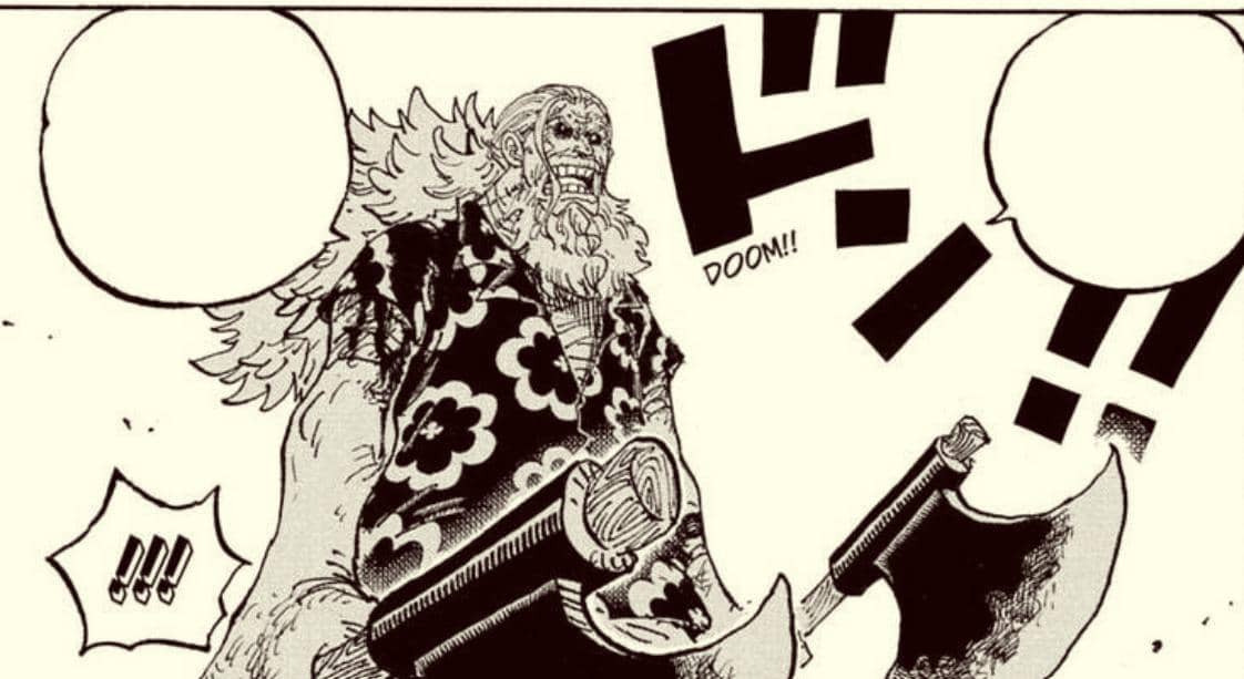 Ilustrasi karakter Scopper Gaban dari One Piece, pria berambut pirang berkacamata yang memegang dua kapak.