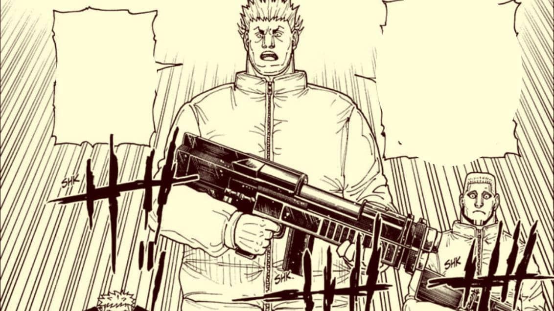 Pangeran Benjamin mengenakan seragam militer berdiri di depan para prajuritnya dalam ilustrasi manga Hunter x Hunter.