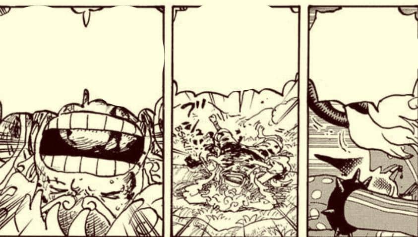 Panel manga One Piece memperlihatkan Imu di sisi kanan batuk darah, dengan ekspresi tegang dalam ilustrasi hitam putih.