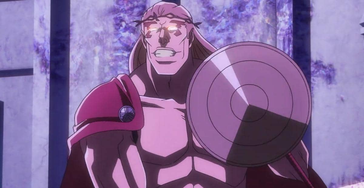 Gerard Valkyrie berambut pirang mengambil pedang Hoffnung di tengah reruntuhan dalam adegan Bleach: TYBW Part 4.