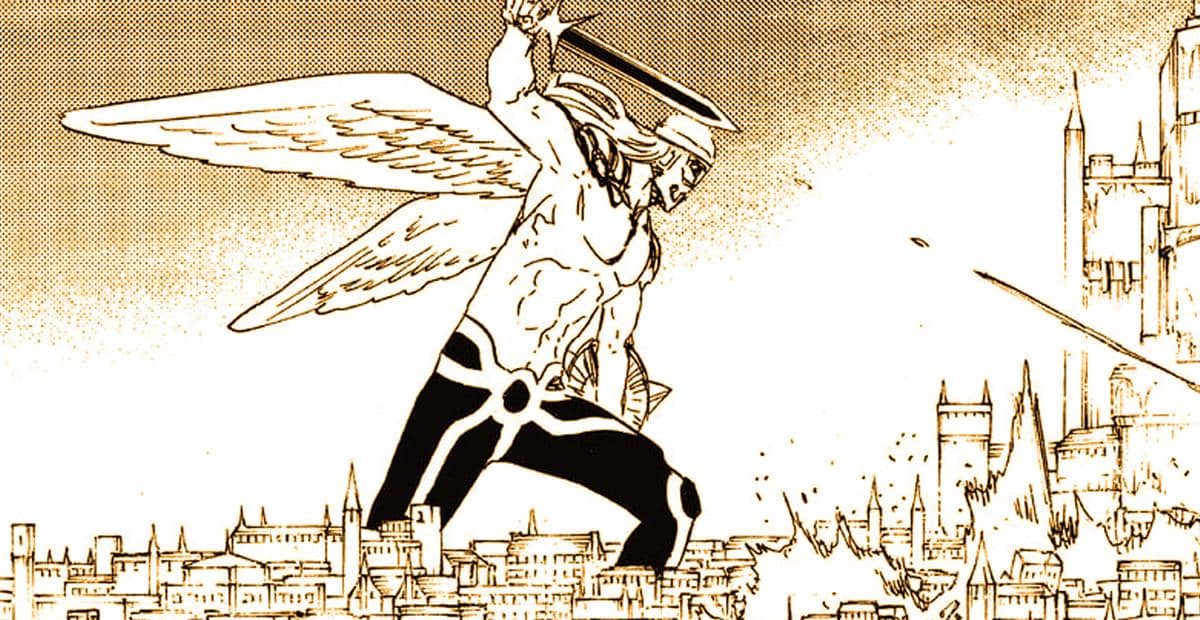Gerard menembakkan energi Reishi bercahaya ke arah para kapten dalam adegan pertarungan intens manga Bleach.
