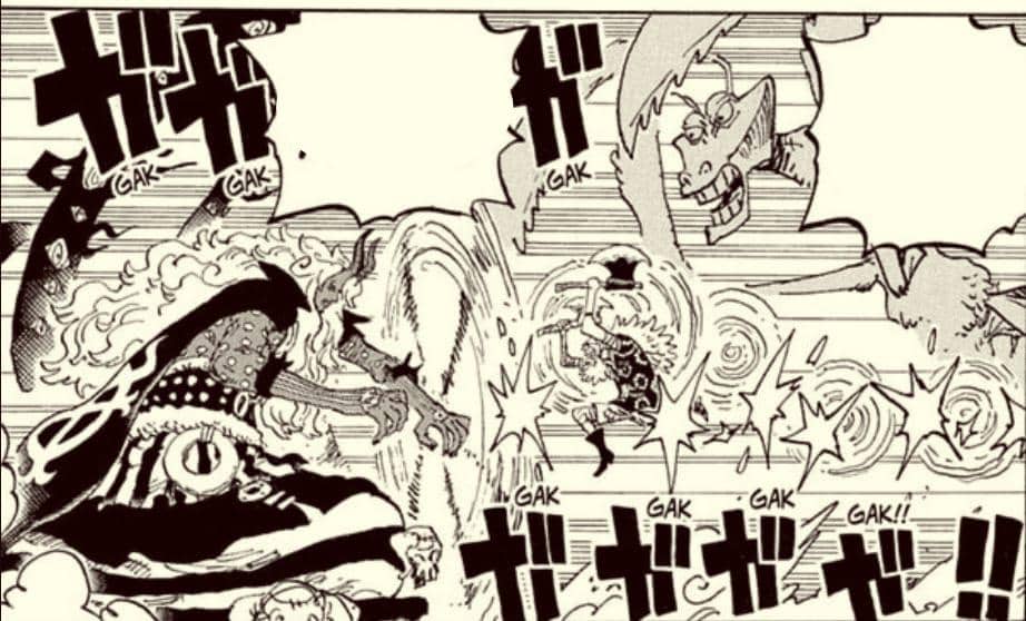 Ilustrasi Nerona Imu berhadapan melawan Scopper Gaban dalam One Piece karya Eiichiro Oda dan Shueisha.