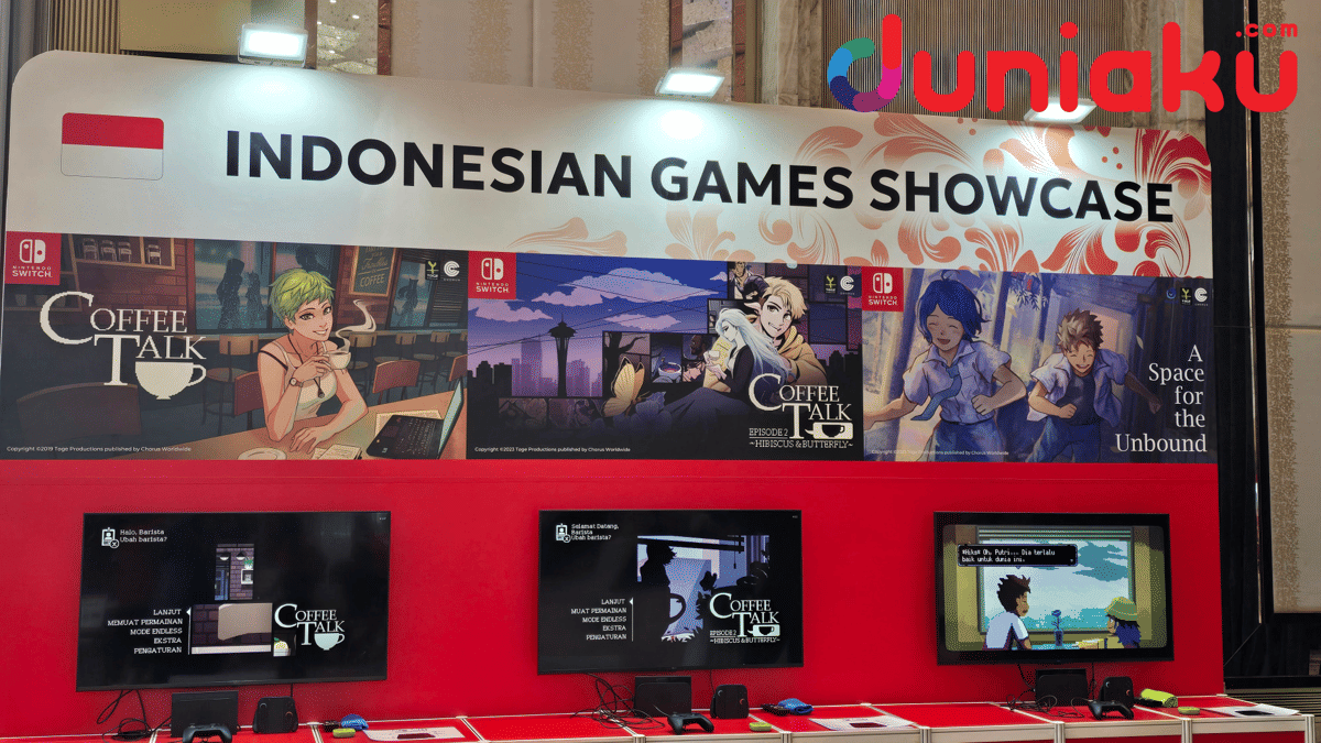 Booth Indonesian Games Showcase di sebuah acara, dengan area pameran yang menampilkan karya dan informasi gim Indonesia.