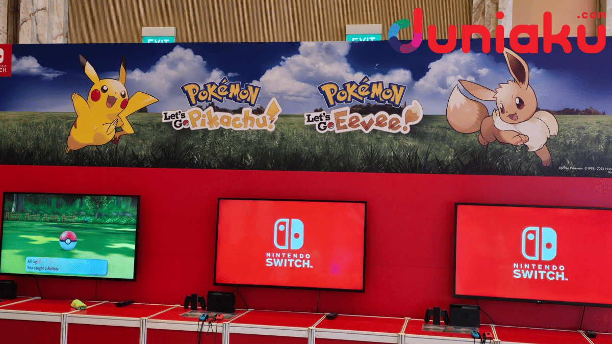 Ilustrasi promosi game Pokémon: Let's Go, Pikachu! dan Pokémon: Let's Go, Eevee! untuk Nintendo Switch.