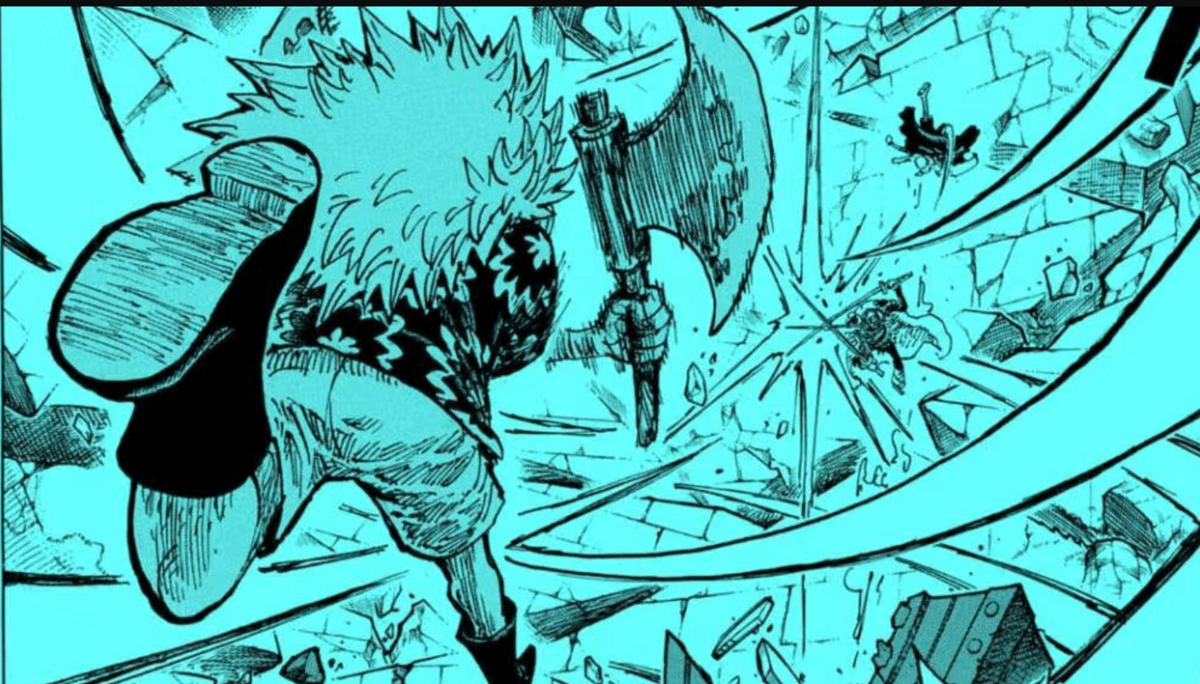 Ilustrasi Scopper Gaban dari One Piece saat mengerahkan jurus Yasotakeru pada sebuah adegan pertarungan.