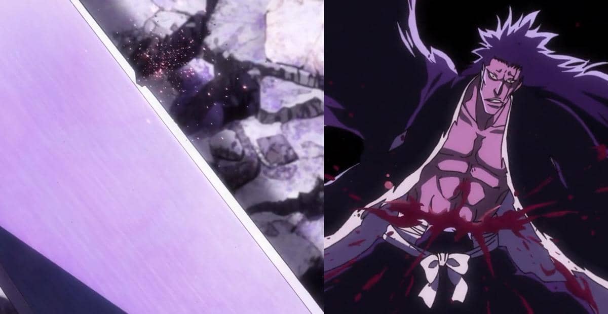 Zaraki terkena dampak serangan setelah menghancurkan Hoffnung dalam adegan anime Bleach TYBW Part 4.