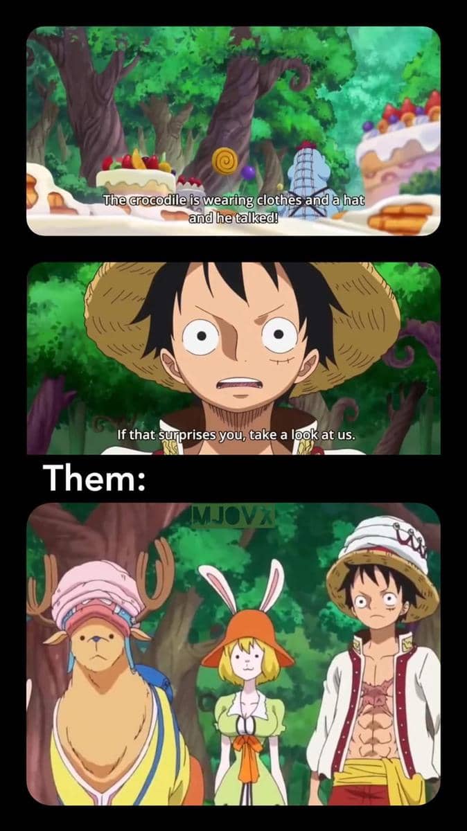 Meme logika Luffy dari One Piece dengan teks percakapan yang menyoroti cara berpikir tokoh tersebut.