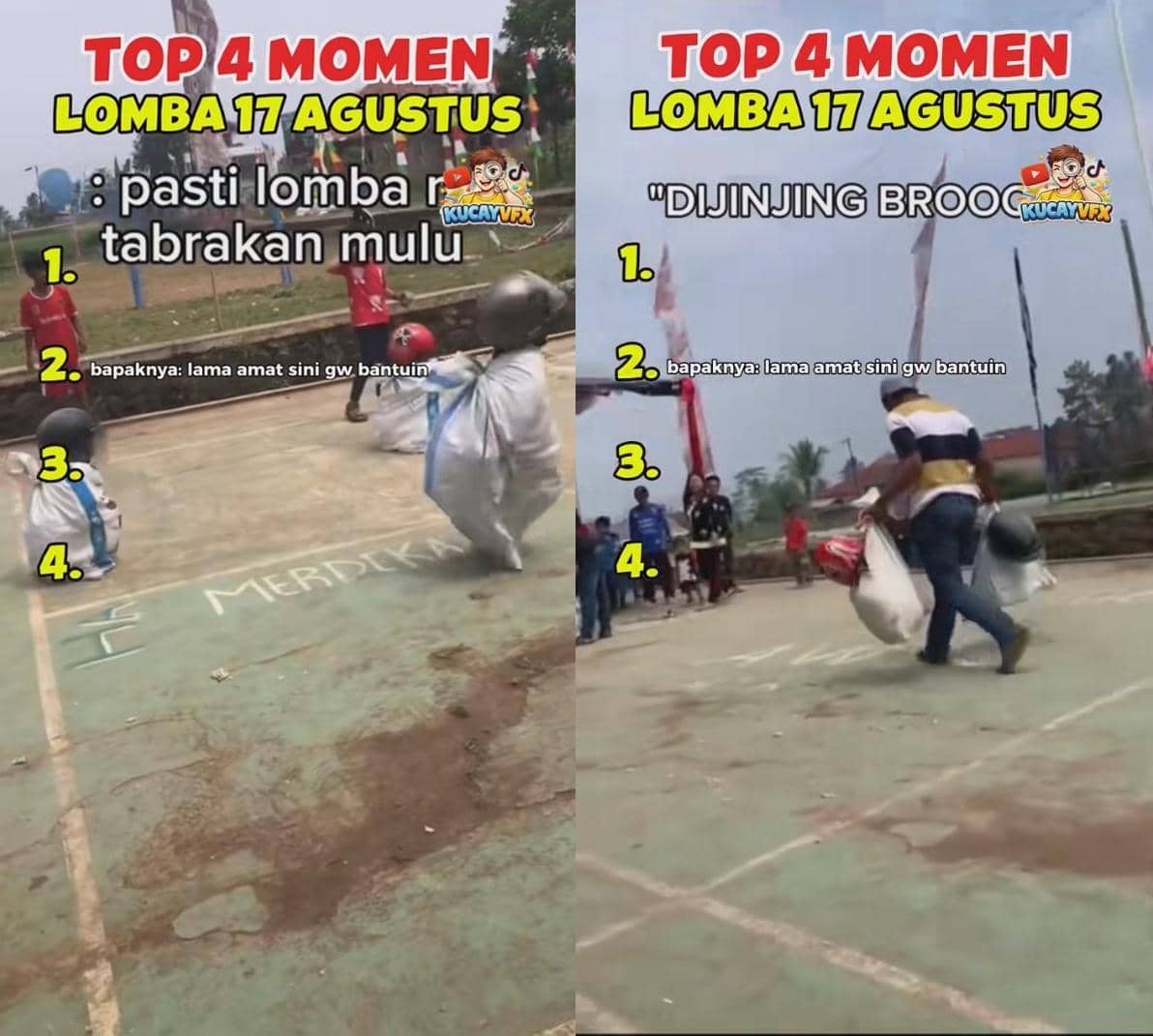Meme membandingkan maksud panitia dan keinginan peserta dalam lomba perayaan 17 Agustus dari akun TikTok @kucayvfx.