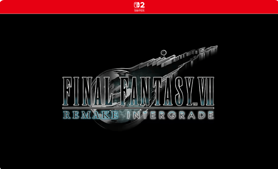 Materi visual gim Final Fantasy VII Remake Integrade dengan kredit dokumentasi Nintendo dan Square Enix.